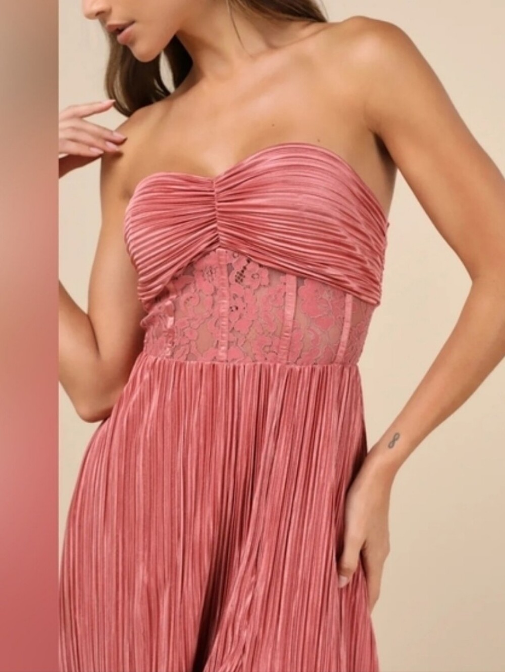 NWT Lulus Desme Rose Pink Satin Plisse Strapless Maxi Dress - Picture 3 of 5